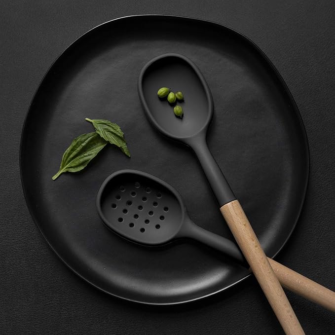 Country Kitchen Non Stick Silicone Utensil Set with Rounded Wood Handles for Cooking and Baking, 6 Piece Set, Black | Rounded Wood Handles, For Cooking and Baking - Image 7