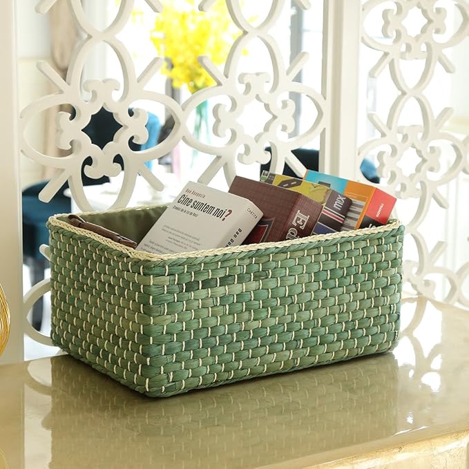 Baskets Woven Maize Storage Bins Set of 3,Kingwillow. (Green,Rectangular) - Image 2