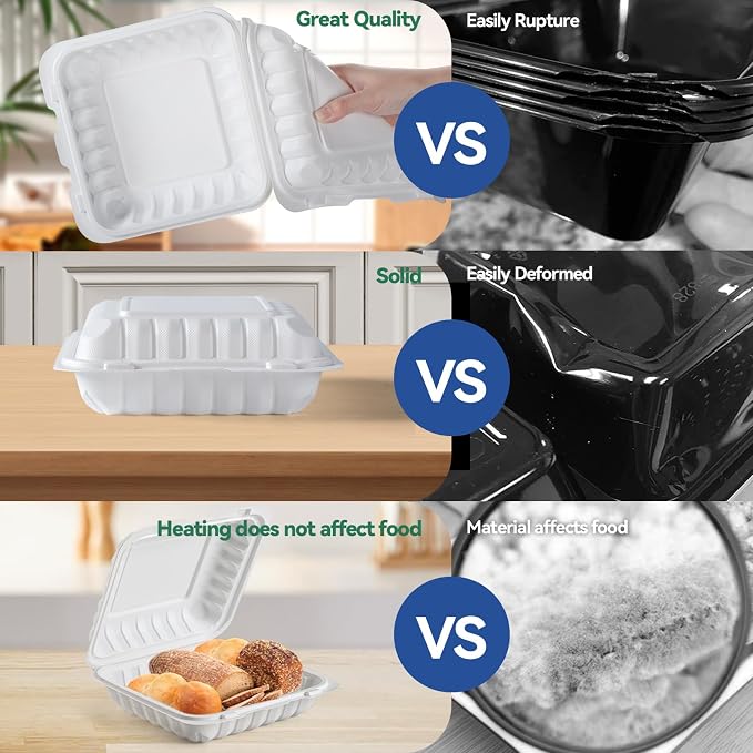 White To Go Containers 8" 34 oz 55 Pack - Shrink Wrap Ready to Use | Mineral Filled PP BPA Free Clamshell Boxes | Food Grade Freezer Microwave Dishwasher Safe | Bulk for Catering & Restaurants - Image 4