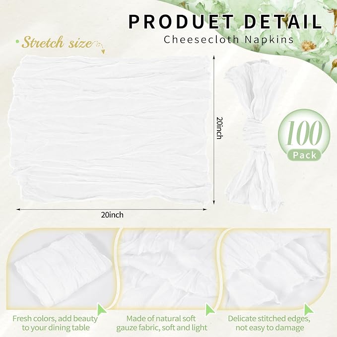 100 Pack White Cheesecloth Napkins 20"x20" Boho Washable Cloth Napkins Set of 100 Wrinkled Cheese Cloth Napkins Gauze Dinner Table Napkin for Wedding Party Baby Shower Birthday Decor - Image 2