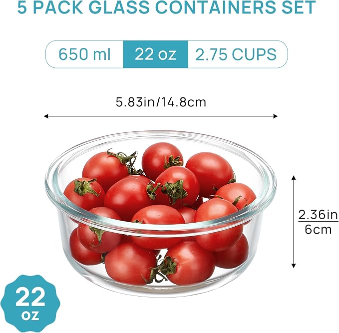 Vtopmart 5Pack 22oz Glass Storage Containers with Lids, Green, Round | Glass Meal Prep Food Container Sets, Snap Airtight Lid, For Microwave, Oven, Freezer and Dishwasher, BPA Free - Image 2