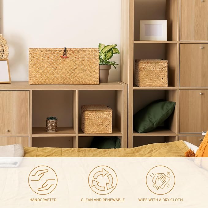 FEILANDUO Wicker Shelf Basket with Lids, Seagrass Storage Baskets Bins Rectangular Woven Baskets Boxes for Organizing Multipurpose Container Boho Home Decor Large Set of 3 - Image 3