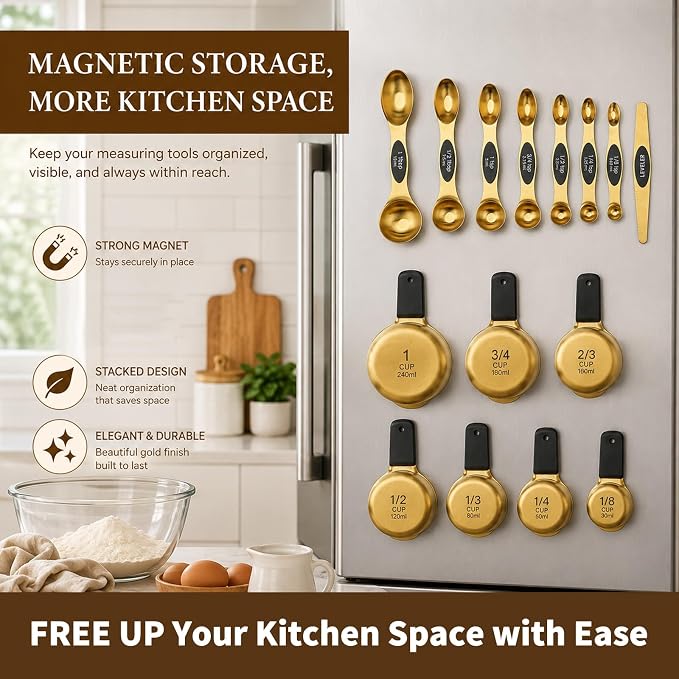 Stainless Steel Magnetic Measuring Cups and Spoons Set of 15 | Double Sided for Dry and Liquid Ingredients, BPA Free, Rust Resistant,Dishwasher Safe with Leveler for Baking and Cooking - Image 3