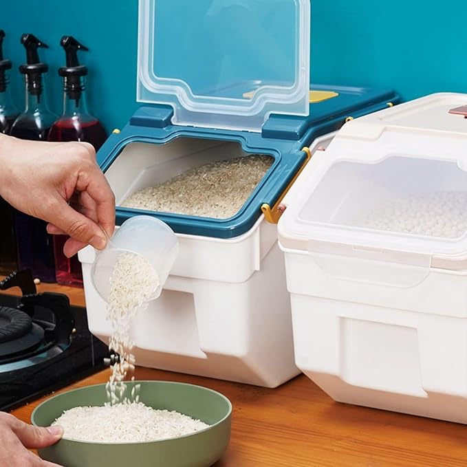 Airtight Rice Container Set 25 lbs, 4 Packs Flour Storage Containers with Wheels Seal Locking Lid, Food Storage Containers BPA Free with Measuring Cup & Scoop for Grain, Rice, Flour (Dark Blue) - Image 7