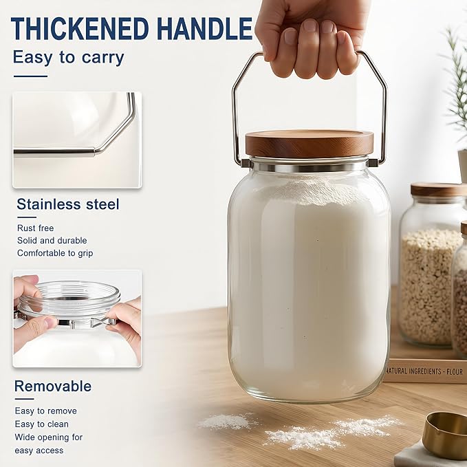 2 Pack Glass Flour Sugar Storage Containers with Handle, 1 Gallon Glass Jars with Airtight Lid, Wide Mouth Large Mason Jars 128oz for Rice, Pasta, Oats, Coffee Storage - Image 4