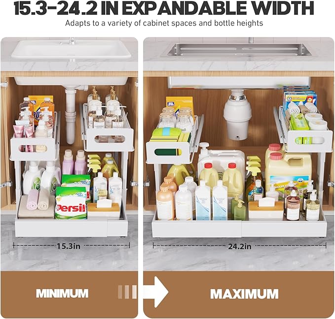1 Pack Expandable Under Sink Organizers Storage With Upgrade Ball-Bearing Slide Tracks,2-Tier Pull Out Under Cabinet Organizer Height Adjustable,Not Suitable For Cabinets With Partitions In The Middle - Image 7