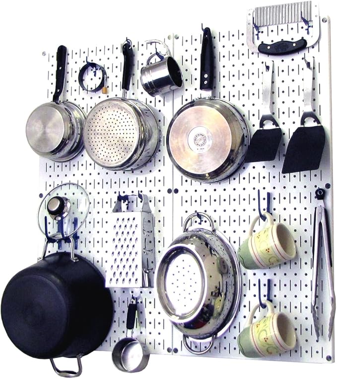 Wall Control Kitchen Pegboard Organizer Pots and Pans Storage Rack Organization Kit with White Pegboard and Blue Accessories by Wall+Control
