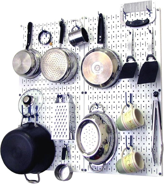 Wall Control Kitchen Pegboard Organizer Pots and Pans Storage Rack Organization Kit with White Pegboard and Blue Accessories by Wall+Control