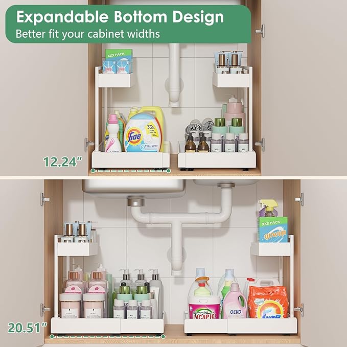 L-Shaped Under Sink Organizer with 6-Level Height Adjustment | Expandable Width, Pull-Out Cabinet Storage Rack with Quiet Sliding Rails for Kitchen, Bathroom, Laundry Room Cabinets, White - Image 2