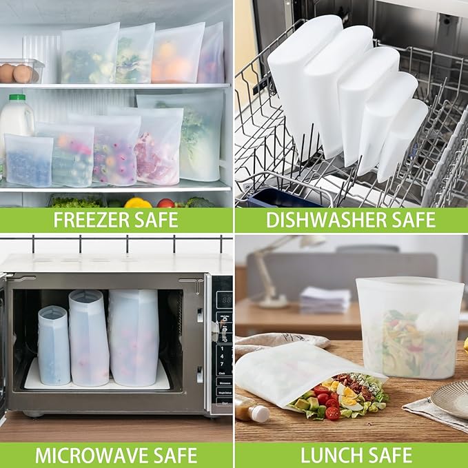 100% Silicone Reusable Storage Bag, 9 Pack Stand-Up Wide-Mouth Zip-Lock Food Storage Bags, Easy-Fill Easy-Open Easy-Clean Space-Saving, Microwave & Dishwasher Safe, 1 XL/3 L/1 M/3 S/1 XS, Translucent - Image 5