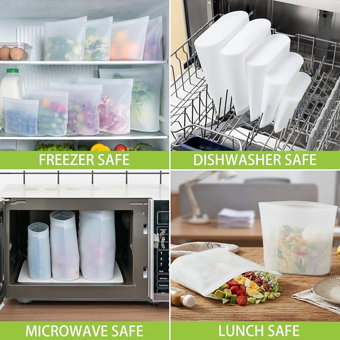 Reusable Silicone Food Storage Bags Quart 4 Pack, Stand Up Ziplock Reusable Freezer Sandwich Bag Containers for Food Travel, Freezer Microwave Oven Dishwasher Safe, Translucent, 33.8fl.oz - Image 5