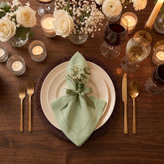 Signature Linen™ by D'Moksha Sage Green Dinner Napkins Set of 4, 20 x 20 Inch Cloth Napkins, 100% Pure Linen, Hemstitch, Machine Washable Table Napkins- Summer, Weddings, Outdoor hostings - Image 2