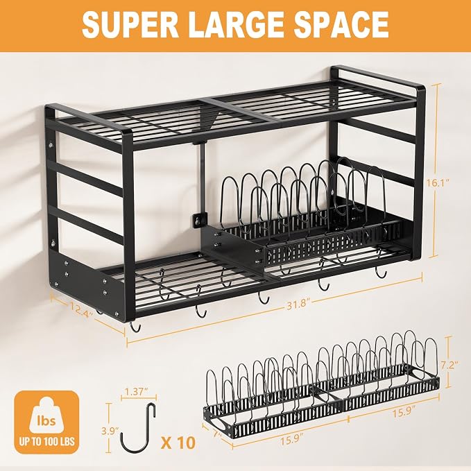 Pot Rack, 31 Inch Wall Mounted 2-Tier Pots & Pans Organizer with 20 Hooks | 14 Removable Slots & Pot Lid Holder, Heavy Duty Steel Pot and Pan Hanger for Kitchen Cookware & Utensil Storage - Image 2