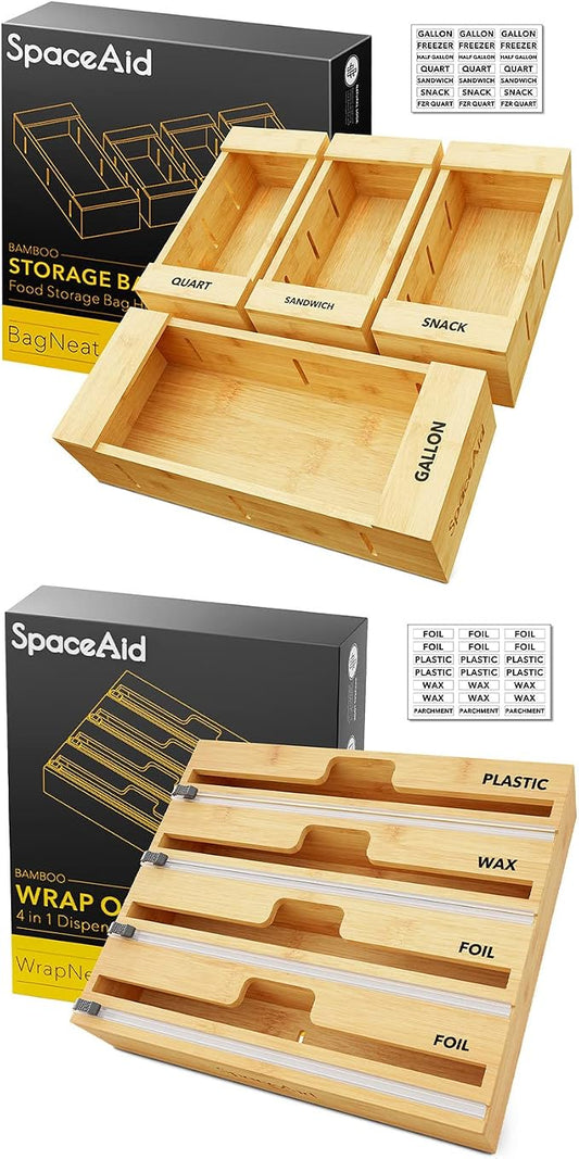 SpaceAid Bag Storage Organizer for Kitchen Drawer, Bamboo Organizer, (4 Pack) SpaceAid WrapNeat 4 in 1 Wrap Dispenser by SpaceAid