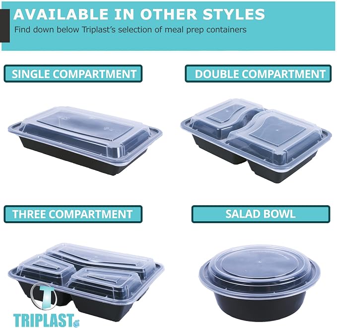 Triplast 5 x Meal Prep Containers (2 Compartment, 32oz) - Microwave, Freezer & Dishwasher Safe – BPA Free, Reusable, Leakproof & Stackable Food Storage Bento Lunch Boxes for Home, Office & School Use - Image 7