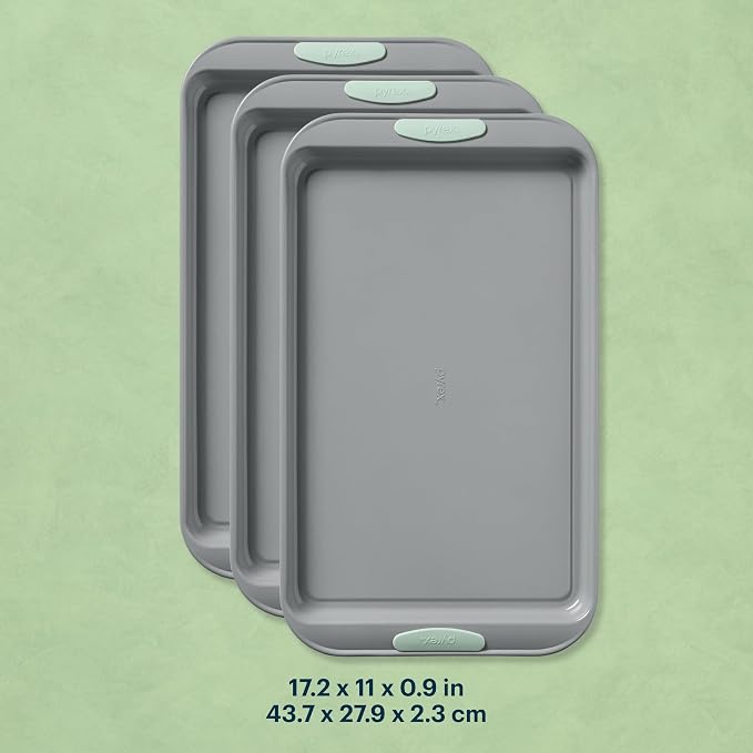 Pyrex 3-Piece Metal Cookie Sheet Bakeware Set with Heatsafe Handles, Sage | Lightweight stainless steel baking trays with heatsafe silicone handles, made without PFAS, mercury, lead, cadmium & BPA - Image 2
