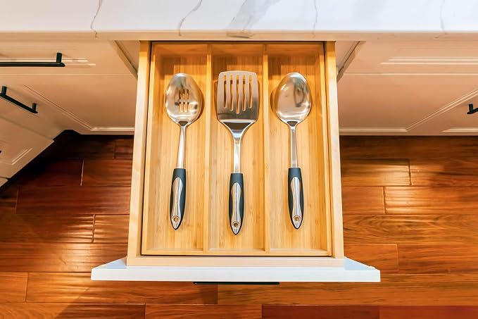 Bamboo Kitchen Utensils Organizer, 13 Inch Drawer Dividers for Silverware, Extra Deep Holder, with Non-Slip Feet, Wood Caddy for Flatware Cutlery - Image 4