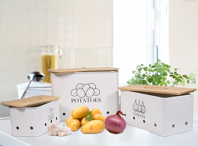 Kitchen Vegetable Storage Tins Set of 3 for Potato Onion & Garlic with Wooden Lid and Aerating Holes, Kitchen Storage Canisters Set, Vintage Kitchen Decor - White - Image 5