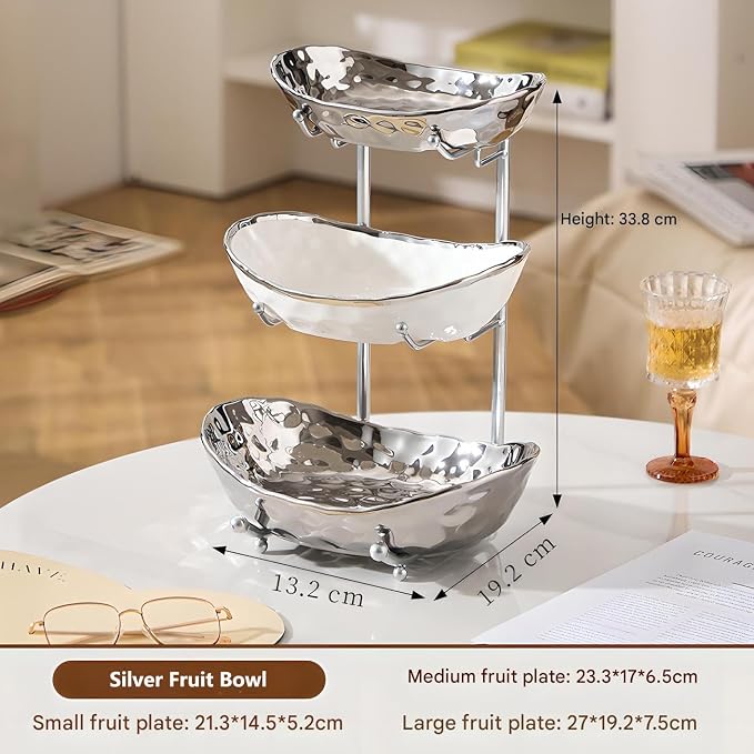 XUDREZ 3 Tier Fruit Bowl with Metal Stand for Kitchen Counter, Ceramic White Gold Silver, Tiered Fruit Basket for Nuts, Snacks, Bread, Candy Storage (Silver) - Image 2