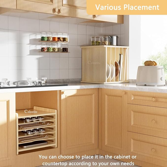 celestite Wooden Tray Dividers for Cabinets, Cookie Sheet Organizer for Cabinet, Baking Sheet Pan Organizer for Kitchen Organizers and Storage (6 Tier 12.4" Wx14.1 Hx16.7 D) - Image 6