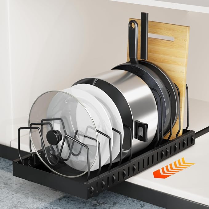 FLSEPAMB Expandable Pots and Pans Organizer Sliding Pull in Kitchen Cabinet | 1 Pack Cabinet Pull Out Shelves, for Pots, Lids and Pan Organizer with Two Types of Shelves by FLSEPAMB