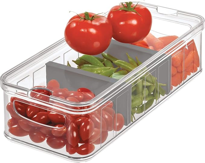 iDesign Recycled Plastic Crisp Large Divided Fruit and Vegetable Storage with Easy to Grip Integrated Handles Designed to Keep Food Fresh Longer, 14. 82" x 6. 32" x 3. 76" | 14.82" x 6.32" x 3.76", Integrated Handles, Keeps Food Fresh Longer, Clear Bin... by iDesign