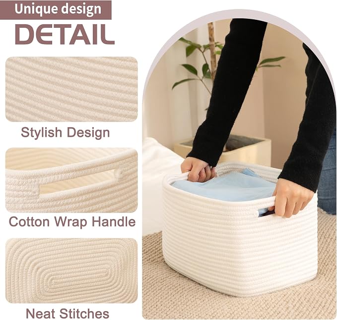 OIAHOMY 4 Pack Storage Baskets for Organizing, Cube Storage Bins for Shelves, Rectangle Storage Baskets With Handles, Woven Baskets for Storage, 16''Lx12''Wx8''H, White - Image 2
