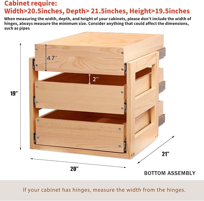 Pull Out Drawers For Cabinets, 20''W×21''D×19''H Soft Close Slide Out Wood Shelves Storage Organizer for Kitchen, 3-Tier, Finished, Heavy-Duty, Bottom Assembly - Image 3