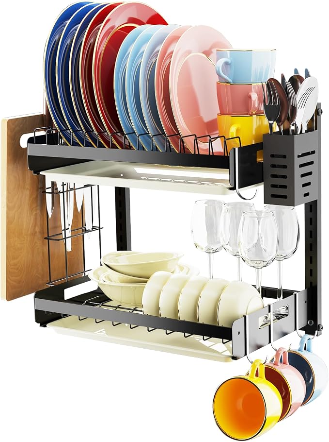 Hanging Wall Mounted Dish Drying Rack, Cutting Board Rack*1, Hook*4, Drain Tray*2, Apartment & RV Wall Mounted Dish Rack, Small Kitchen & Clean Countertop Solution, 2 Layers & 16“ long, Black - Image 2