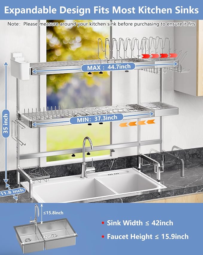 3 Tier Extra Large Over The Sink Dish Drying Rack, Expandable Stainless Steel Dish Drainer with Multifunctional Organizer, Space-Saving Above Sink Dish Rack with Large Capacity for Kitchen Counter - Image 2
