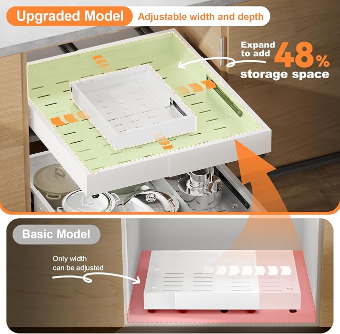 Pull out Cabinet Organizer Expandable W(12"-20") and D(16"-22"), No Drill Adjustable Slide Out Drawers With 3 Slide Rails, 2Pcs Magnetic Panel, Adhesive Roll out Shelves for Kitchen, Cabinets, Pantry - Image 2