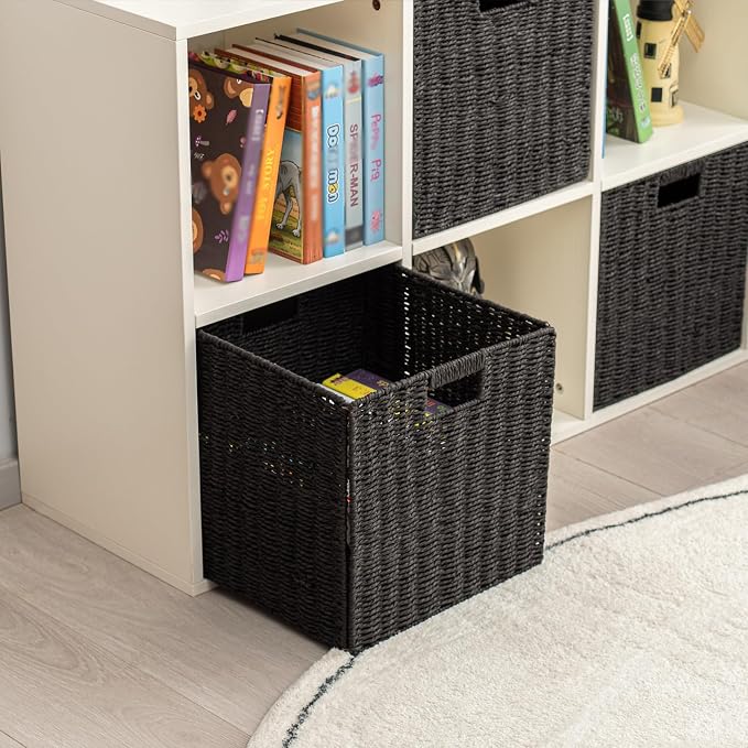 Handwoven Paper Woven Cube Basket Organizer with Handles set of 4 Foldable Storage baskets for Bedroom Living Room Cubby Storage Units for Clothes Books Toys (Black, 13" L x 13" W x 13" H) - Image 3
