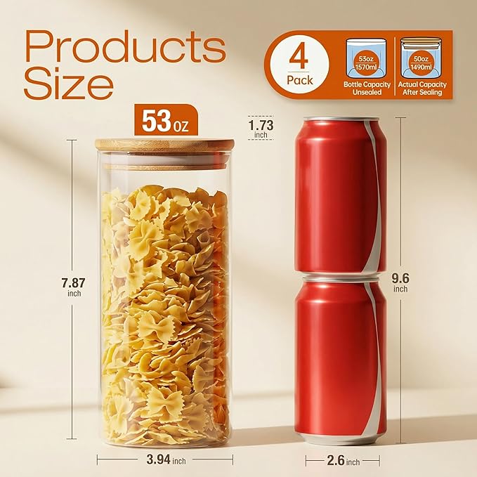 HomArtist Glass Jars with Bamboo Lids 53 FL OZ [Set of 4], Glass Canisters with Airtight Lids, Glass Food Storage Containers for Pasta, Oats, Coffee, Flour, Sugar, Rice, Best for Kitchen & Pantry - Image 3