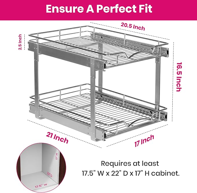 2-Tier Pull-Out Cabinet Organizer for Kitchen, 17" W x 21”D x 16.5" H | Full-Extension Sliding Shelves, Holds 100 lbs, Easy Install for Kitchen, Pantry & Under Sink Cabinets - Image 3