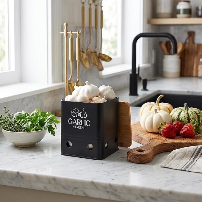 Kitchen Vegetable Storage Tins Set Of 3, Potato Onion Garlic Canisters | Storing potatoes, onions, and garlic. Features aerating holes to keep vegetables fresh and wooden lids(Black 1) - Image 5