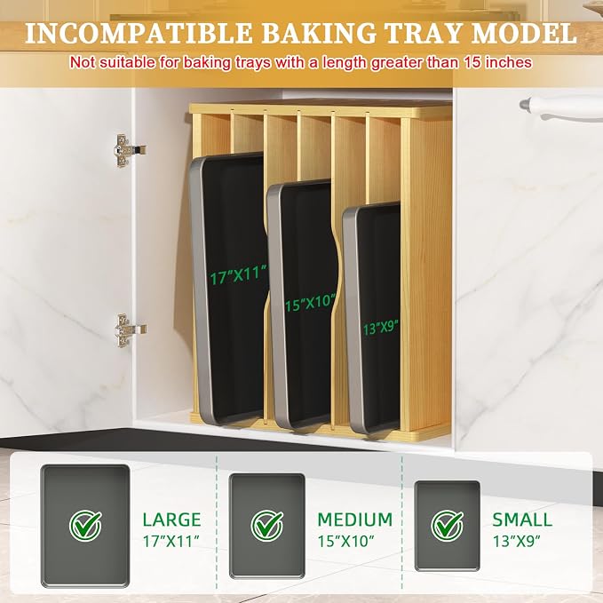 7 Tier Large Size Wooden Tray Dividers for Cabinets, Cookie Sheet Organizer | Premium Wood, Multiple Sizes, Saving Space, Vertical Tray Dividers for Storing pans, Baking trays, Cutting Board - Image 4