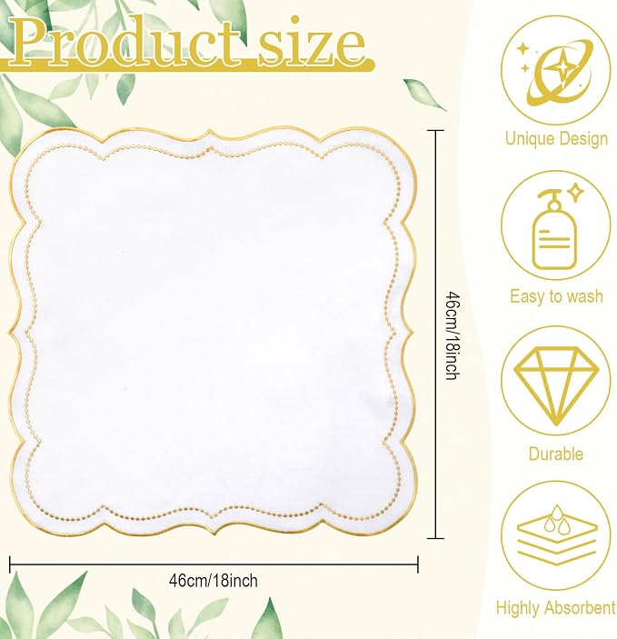 Hahafelt Cloth Napkins 18x18inches Scalloped Embroidery Cloth Napkins Washable Polyester Table Dinner for Hotel Restaurant Weddings Events Parties (Gold,12 Set) - Image 2