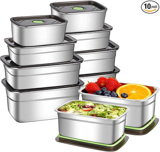 Stainless Steel Food Storage Containers Set of 10,Airtight Leakproof Meal Prep Containers with Lids, Reusable Stackable Lunch Boxes for Food Organization, Freezer & Dishwasher Safe by Unknown