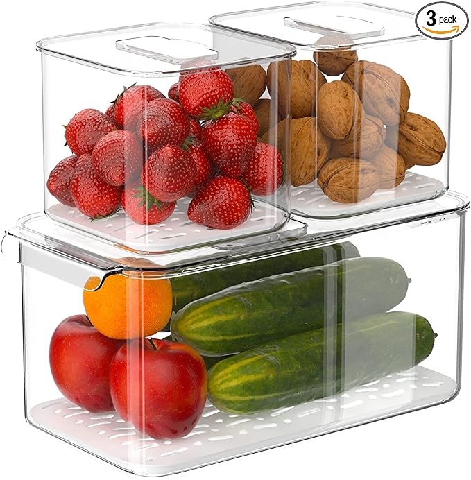 Slideep Food Storage Containers Produce Saver with Lids, Stackable Refrigerator Freezer Organizer Bins with Removable Drain Tray, Fridge Fresh Keeper for Veggie, Berry, Fruits, Vegetables 3 Pack by WelcometotheSlideep