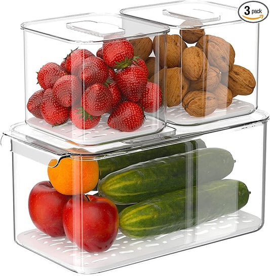 Slideep Food Storage Containers Produce Saver with Lids, Stackable Refrigerator Freezer Organizer Bins with Removable Drain Tray, Fridge Fresh Keeper for Veggie, Berry, Fruits, Vegetables 3 Pack by WelcometotheSlideep