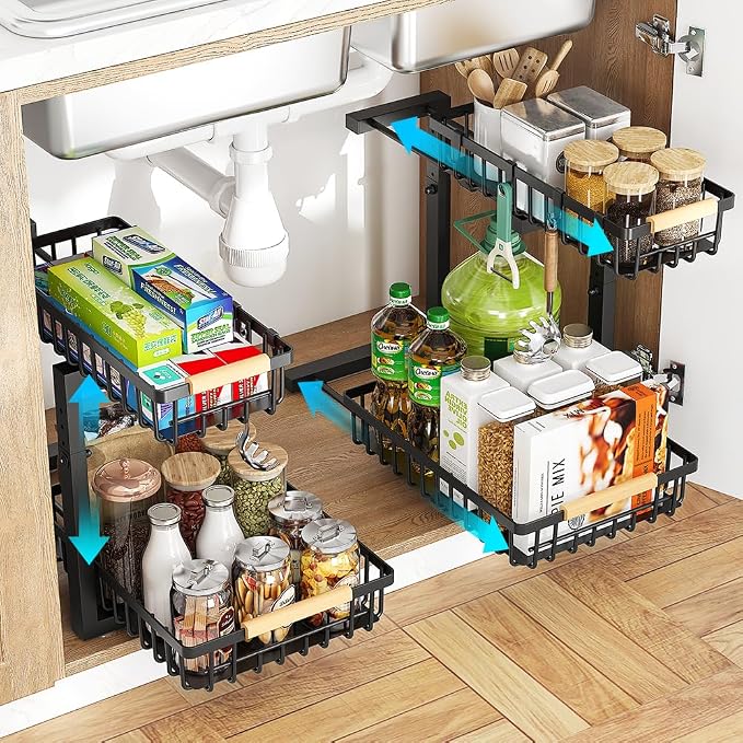 Under Sink Organizer, 2 Tier Metal Under Sink Organizers and Storage, 2 Pack Height Adjustable Slide out Pull out Cabinet Organizer Shelf for Kitchen Bathroom Pantry Cabinet by XNREOZLM