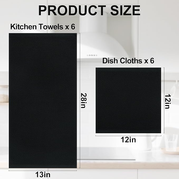 Homaxy 12 Pack 100% Cotton Kitchen Towels and Dishcloths Set, Black | 12 x 12 Inches and 13 x 28 Inches Kitchen Towels Set, Ultra Soft Absorbent Dish Cloths for Washing Dishes - Image 4