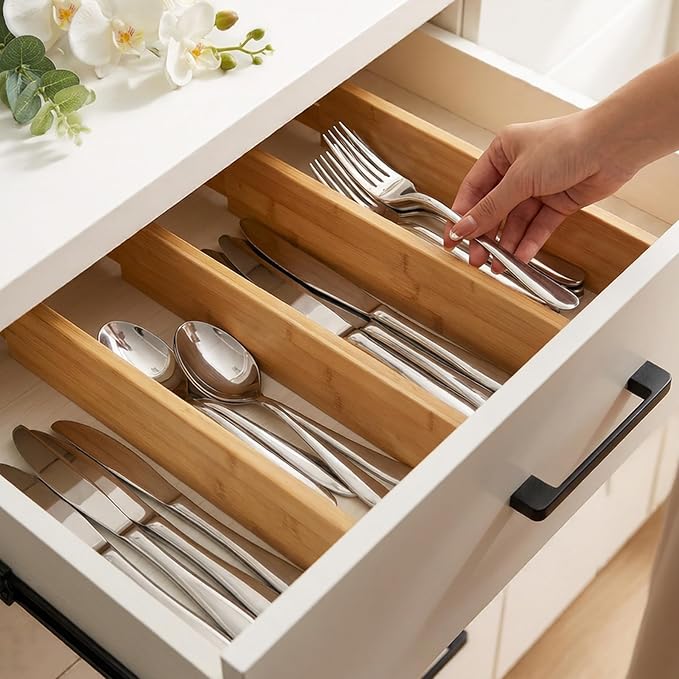 Utoplike Kitchen Drawer Divider, Expandable Bamboo Drawers Organizer 3.2" H | Large Adjustable Spring-Loaded Separators for Spatulas, Utensils, Bedroom & Home Storage, 4pcs, Fit 18"-20.6" Inner Drawer - Image 9