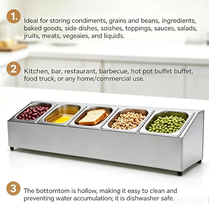 5 Pans Pizza Toppings Station Condiment Organizer Container Food Prep | Ingredients Holder Spice Rack Stainless Steel Candy Container Set with 5 Pans & Lids for Food Truck Restaurant Kitchen Buffet - Image 2