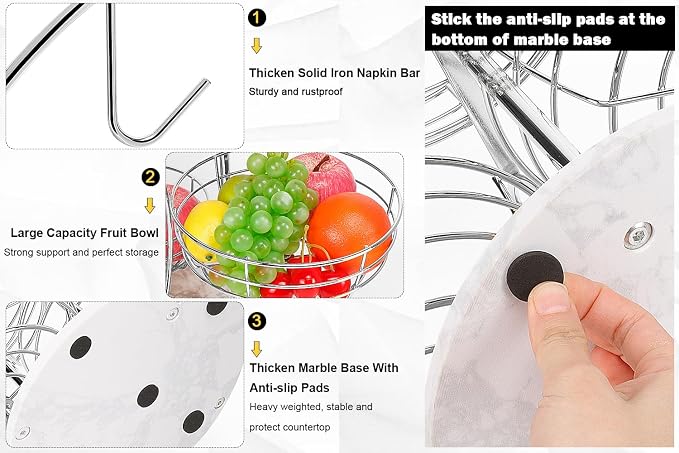 Livabber Fruit Basket Bowl with Banana Hanger, Metal Fruit Vegetable Storage Basket with Banana Holder for Kitchen Counter, Detachable Organizer for Bread Snack Produce (Chrome, 3-Tier Marble Base) - Image 3