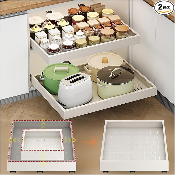 Fokyfok 2Pc Pull out Cabinet Organizer,14"-21"W,17"-24"D,Expandable | No Drill,Adjustable,Roll out Drawers,Adhesive Sliding Drawers,Slide out Shelves for Cabinets Without Lip,Kitchen,Pantry,White by Fokyfok