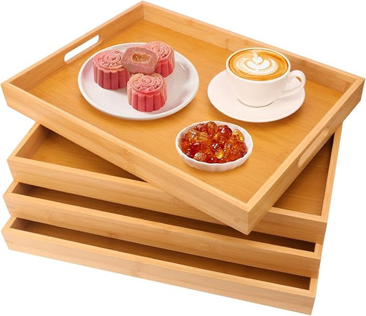 4 Pack Large Bamboo Serving Tray with Handles - 16 x 11.6 Inch Wooden Dinner Tray, Home Kitchen Decorative Tray, Breakfast Trays for Eating on Couch, Lap Trays, Coffee, Kitchen, Picnic by Geytetqi