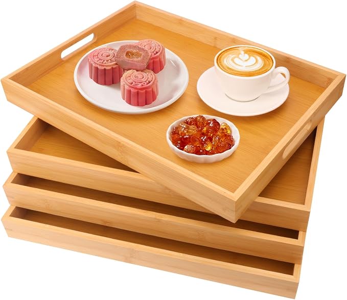 4 Pack Large Bamboo Serving Tray with Handles - 18 x 13 Inch Wooden Dinner Tray, Home Kitchen Decorative Tray, Breakfast Trays for Eating on Couch, Lap Trays, Coffee, Kitchen, Picnic by Geytetqi