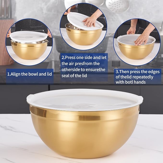 Gold Mixing Bowls with Airtight Lids, Stainless Steel Nesting Mixing Bowls Set of 7, Ideal for Baking, Prepping and Serving Food, Size 7, 3.6, 2.7, 2.1, 1.5, 1.1,0.8 QT, Stackable Design - Image 4