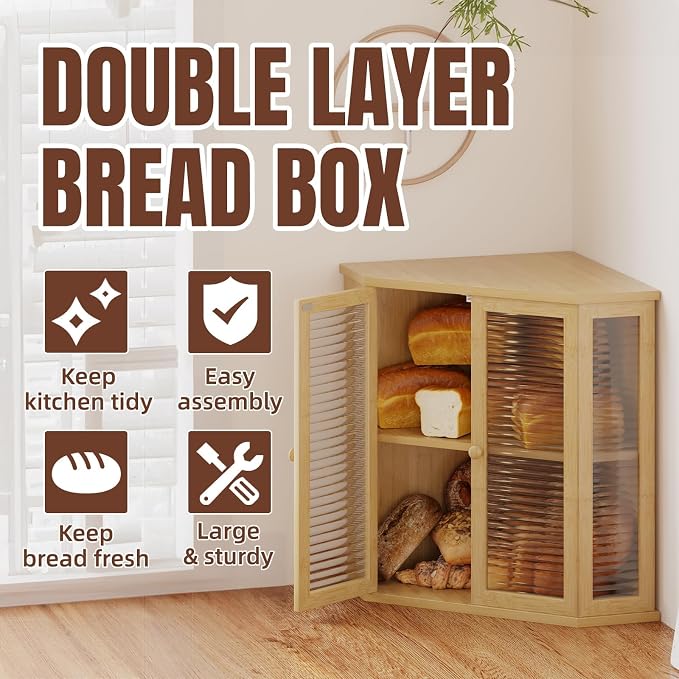 Corner bread box Bread Box for Kitchen Countertop - Corner Bread Storage Box 16.5" H, Premium Wood with Glass Door, Perfect for Homemade Bread, Baguettes & Pastries (Baoboo wood) - Image 2